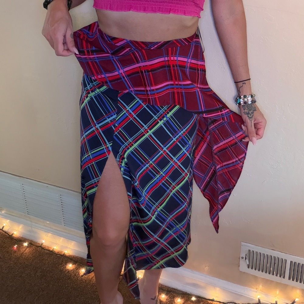 Topshop Two-Tone Asymmetrical Plaid Skirt in Navy & Red